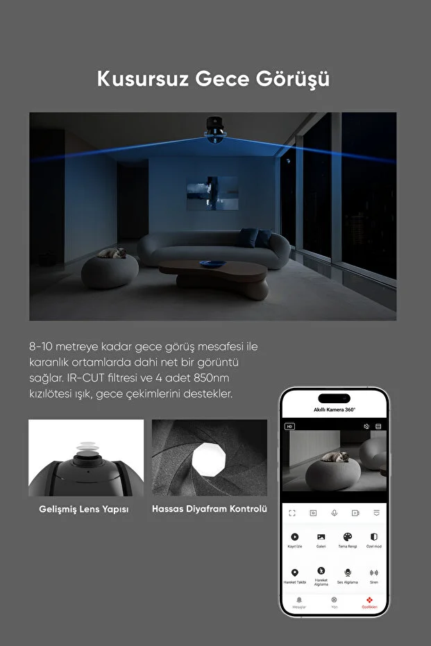 Akıllı 360° Kamera Wi-fi, 1620p 3k Ultra Görüntü Kalitesi, Gece Görüş, Ses Gönderme Ve Alma